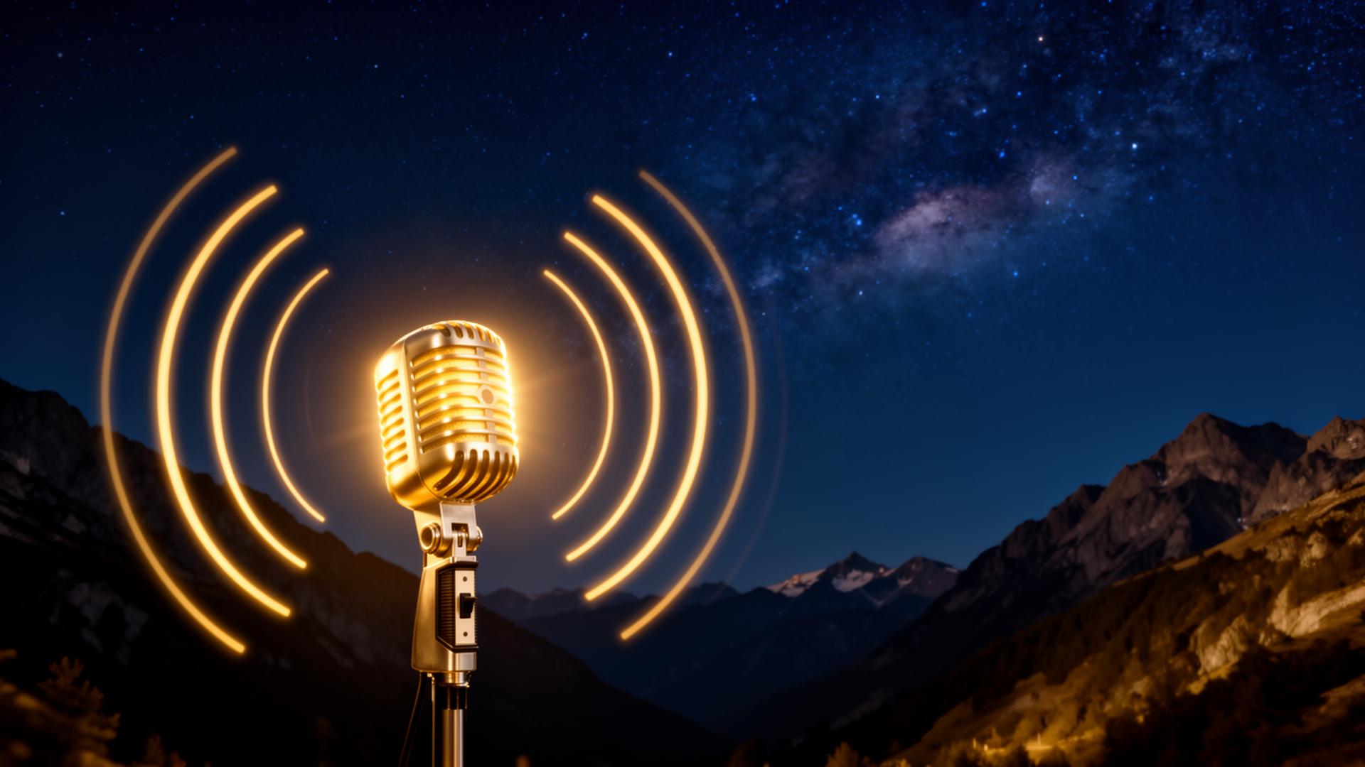 Glowing golden microphone under a starry night sky